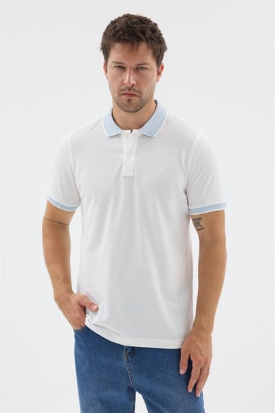 Beyaz-Mavi Polo Yaka Pike Kısa Kol Slim Fit %100 Pamuk Tişört 1011260171