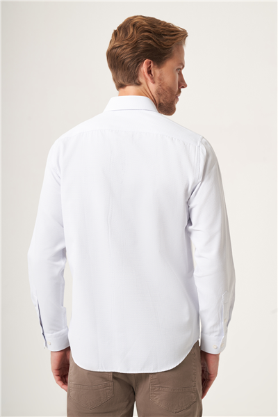 Beyaz-Mavi Sert Yaka Slim Fit Pamuklu Gömlek 1004265123