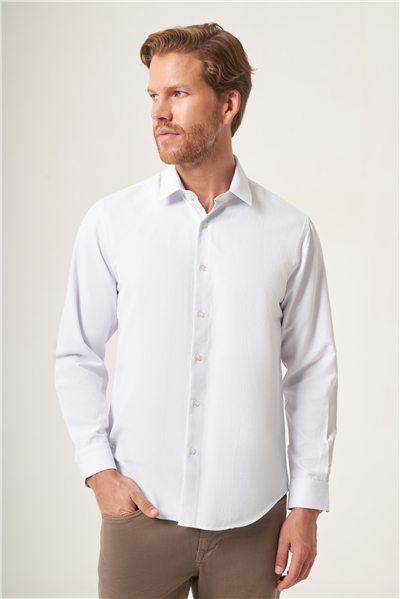 Beyaz-Mavi Sert Yaka Slim Fit Pamuklu Gömlek 1004265123