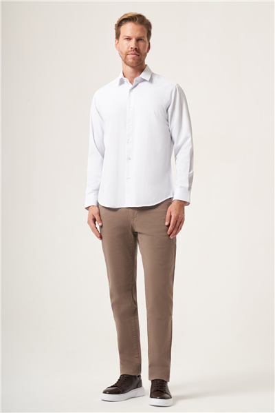 Beyaz-Mavi Sert Yaka Slim Fit Pamuklu Gömlek 1004265123