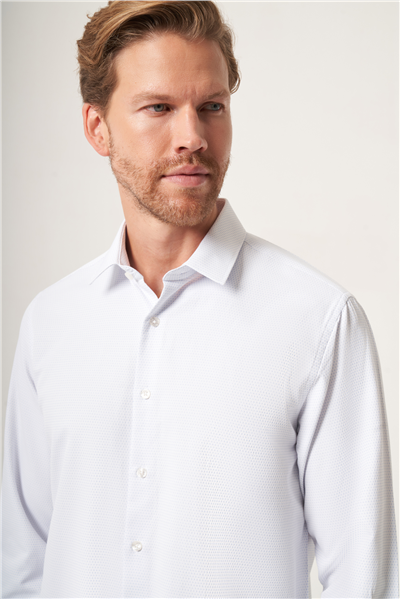 Beyaz-Mavi Sert Yaka Slim Fit Pamuklu Gömlek 1004265123
