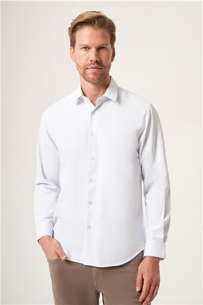 Beyaz-Mavi Sert Yaka Slim Fit Pamuklu Gömlek 1004265123