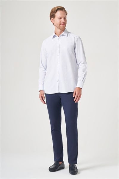 Beyaz-Mavi Sert Yaka Uzun Kol Cepli Comfort Fit Pamuklu Gömlek 1004260222