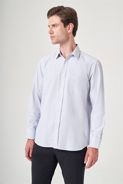 Beyaz-Mavi Sert Yaka Uzun Kol Cepli Comfort Fit Pamuklu Gömlek 1004260223