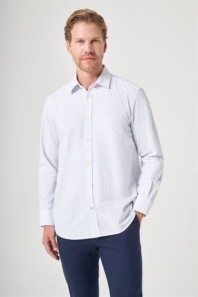 Beyaz-Mavi Sert Yaka Uzun Kol Cepli Comfort Fit Pamuklu Gömlek 1004260222