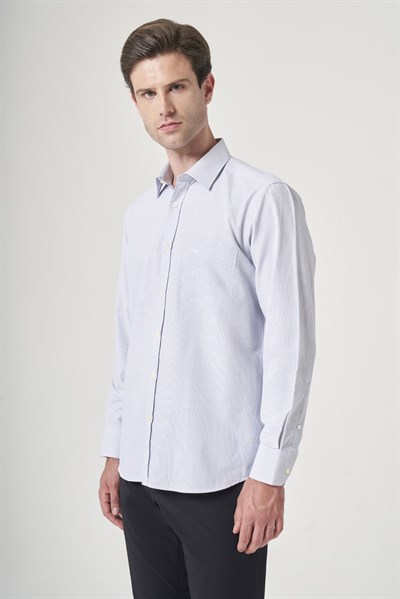 Beyaz-Mavi Sert Yaka Uzun Kol Cepli Comfort Fit Pamuklu Gömlek 1004260223