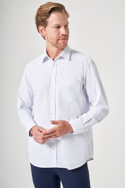 Beyaz-Mavi Sert Yaka Uzun Kol Cepli Comfort Fit Pamuklu Gömlek 1004260222