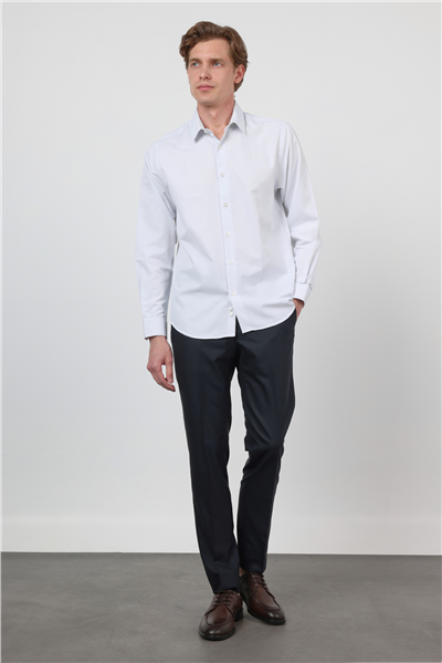 Beyaz-Mavi Sert Yaka Uzun Kol Cepsiz Slim Fit Pamuklu Gömlek 1004260210