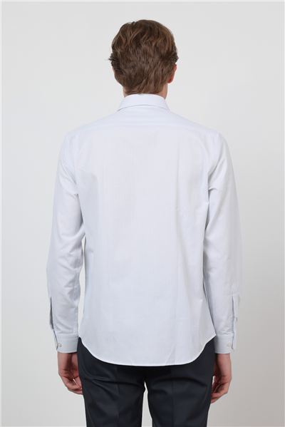Beyaz-Mavi Sert Yaka Uzun Kol Cepsiz Slim Fit Pamuklu Gömlek 1004260210