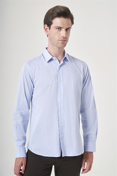 Beyaz-Mavi Sert Yaka Uzun Kol Cepsiz Slim Fit %100 Pamuk Gömlek 1004260209