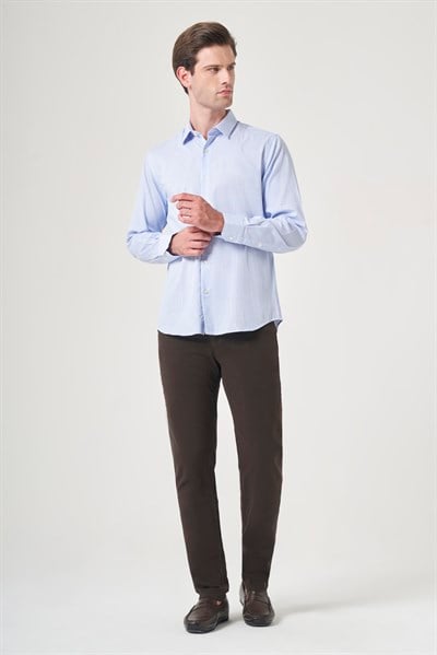 Beyaz-Mavi Sert Yaka Uzun Kol Cepsiz Slim Fit %100 Pamuk Gömlek 1004260209