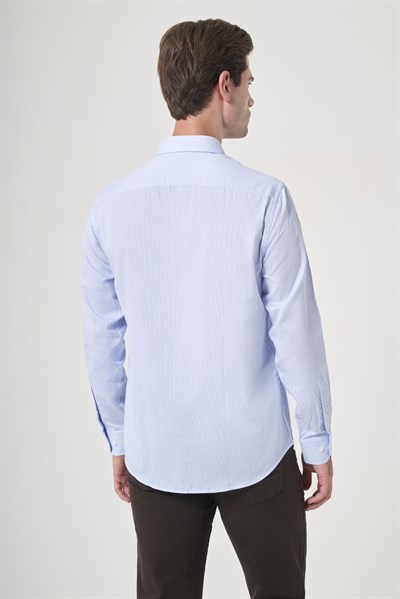 Beyaz-Mavi Sert Yaka Uzun Kol Cepsiz Slim Fit %100 Pamuk Gömlek 1004260209