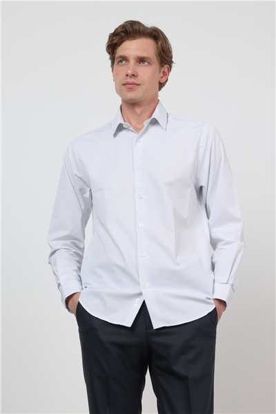 Beyaz-Mavi Sert Yaka Uzun Kol Cepsiz Slim Fit Pamuklu Gömlek 1004260210