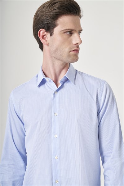 Beyaz-Mavi Sert Yaka Uzun Kol Cepsiz Slim Fit %100 Pamuk Gömlek 1004260209