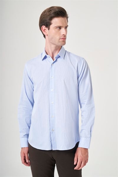 Beyaz-Mavi Sert Yaka Uzun Kol Cepsiz Slim Fit %100 Pamuk Gömlek 1004260209