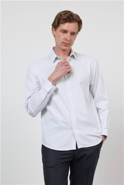 Beyaz-Mavi Sert Yaka Uzun Kol Cepsiz Slim Fit Pamuklu Gömlek 1004260210