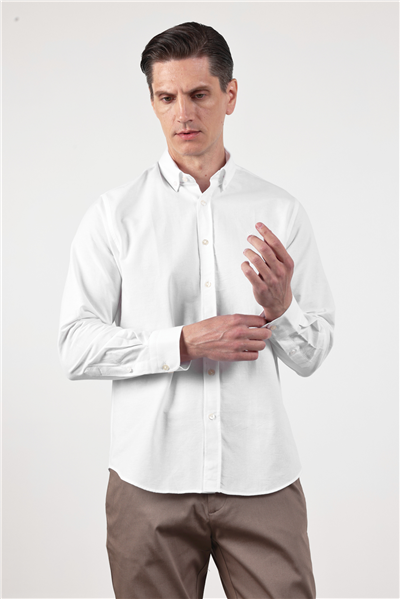 Beyaz Oxford Düğmeli Yaka Uzun Kol Cepsiz Slim Fit Pamuklu Gömlek 1004260182