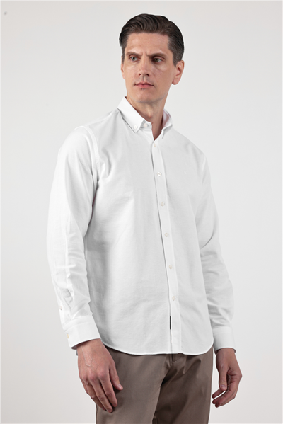 Beyaz Oxford Düğmeli Yaka Uzun Kol Cepsiz Slim Fit Pamuklu Gömlek 1004260182