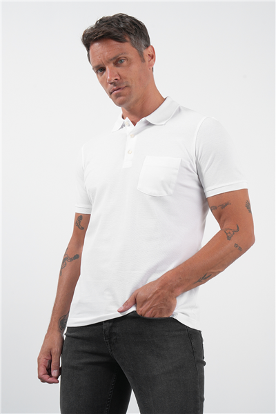 Beyaz Polo Yaka Kısa Kol Cepli Comfort Fit Pamuklu Tişört 1011260155