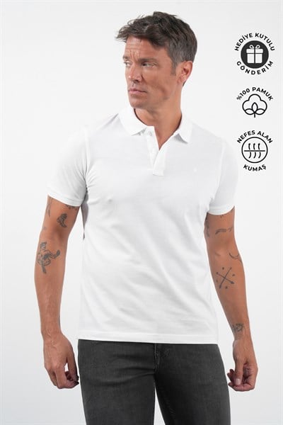 Beyaz Polo Yaka Pike Kısa Kol Slim Fit Pamuklu Tişört 1011260170