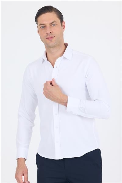 Beyaz Sert Yaka Düz Classic Pamuklu Slim Fit Gömlek 1004250214