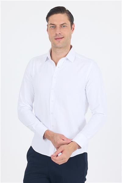 Beyaz Sert Yaka Düz Classic Pamuklu Slim Fit Gömlek 1004250214