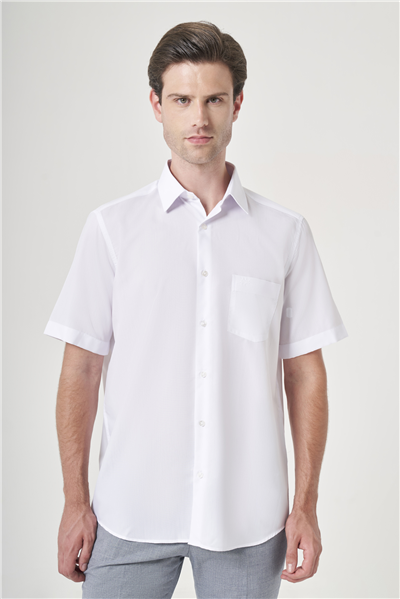 Beyaz Sert Yaka Kısa Kol Cepli Comfort Fit Pamuklu Gömlek 1004260258