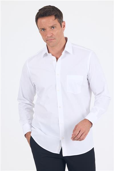 Beyaz Sert Yaka Uzun Kol Cepli Comfort Fit %100 Pamuk Gömlek 1004250222