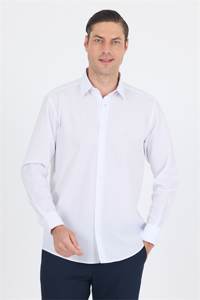 Beyaz Sert Yaka Uzun Kol Cepsiz Comfort Fit Pamuklu Gömlek 1004255287