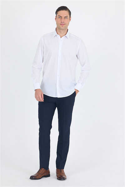 Beyaz Sert Yaka Uzun Kol Cepsiz Comfort Fit Pamuklu Gömlek 1004255287