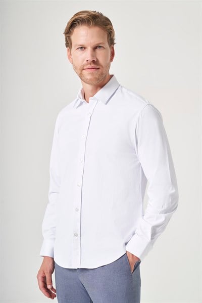 Beyaz Sert Yaka Uzun Kol Cepsiz Slim Fit Pamuklu Gömlek 1004260213