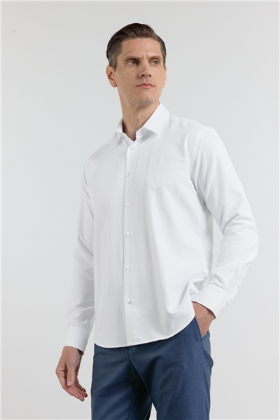 Beyaz Sert Yaka Uzun Kol Cepsiz Slim Fit Pamuklu Gömlek 1004255284