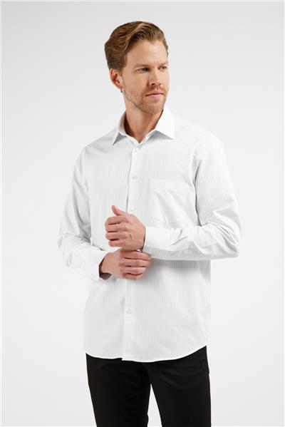 Beyaz-Siyah Çizgili Desen Sert Yaka Uzun Kol Cepli Comfort Fit Pamuklu Gömlek 1004255274