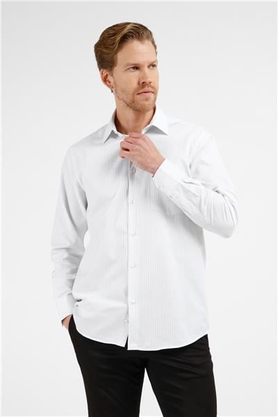 Beyaz-Siyah Çizgili Desen Sert Yaka Uzun Kol Cepli Comfort Fit Pamuklu Gömlek 1004255274