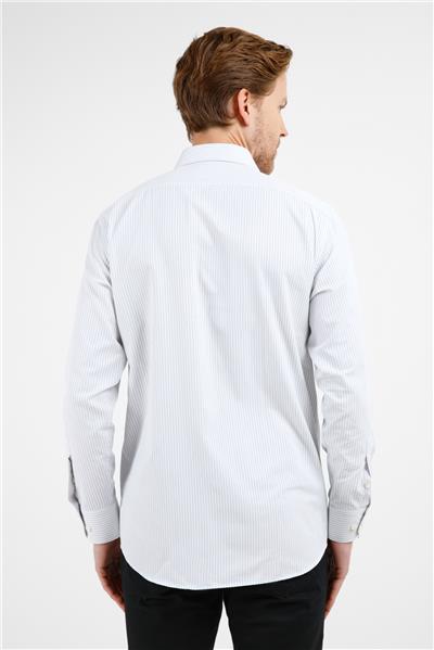 Beyaz-Siyah Çizgili Desen Sert Yaka Uzun Kol Cepli Comfort Fit Pamuklu Gömlek 1004255275