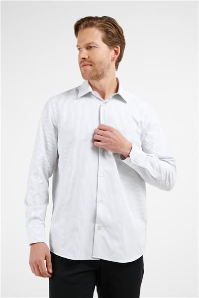 Beyaz-Siyah Çizgili Desen Sert Yaka Uzun Kol Cepli Comfort Fit Pamuklu Gömlek 1004255275
