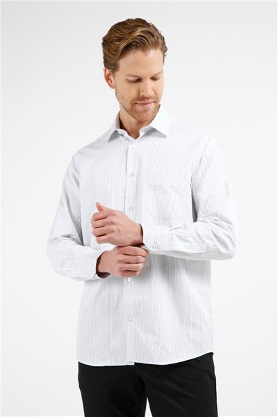 Beyaz-Siyah Çizgili Desen Sert Yaka Uzun Kol Cepli Comfort Fit Pamuklu Gömlek 1004255275