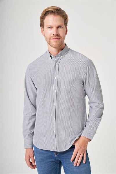 Gri Düğmeli Yaka Uzun Kol Cepsiz Slim Fit Pamuklu Gömlek 1004260205