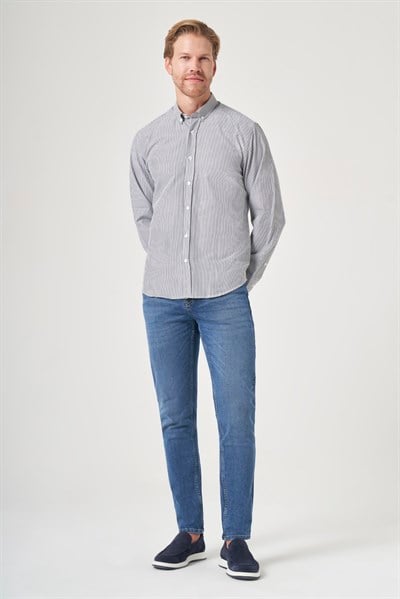 Gri Düğmeli Yaka Uzun Kol Cepsiz Slim Fit Pamuklu Gömlek 1004260205