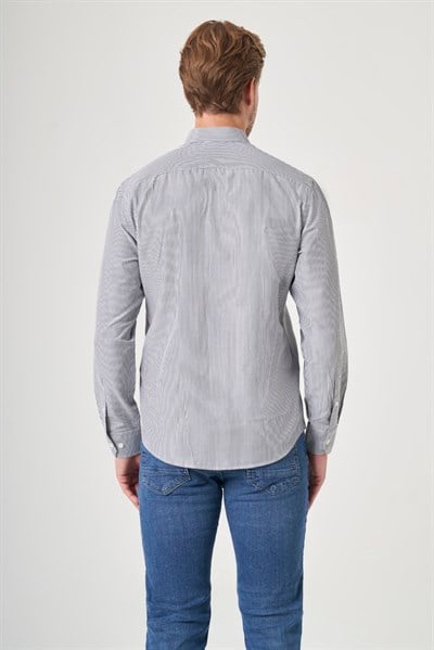 Gri Düğmeli Yaka Uzun Kol Cepsiz Slim Fit Pamuklu Gömlek 1004260205
