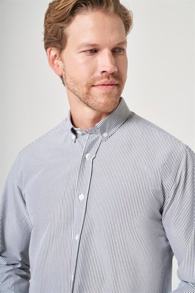 Gri Düğmeli Yaka Uzun Kol Cepsiz Slim Fit Pamuklu Gömlek 1004260205