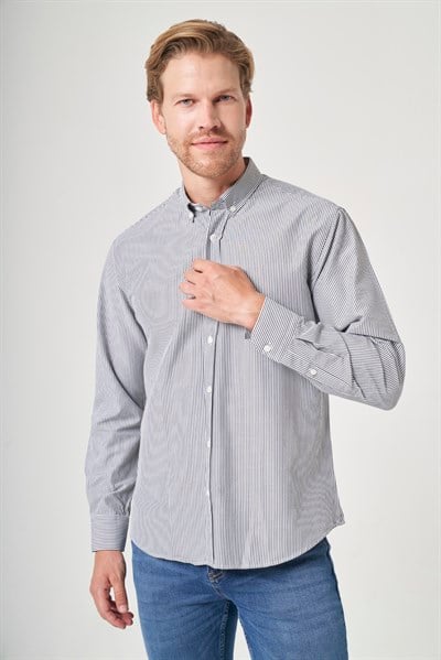 Gri Düğmeli Yaka Uzun Kol Cepsiz Slim Fit Pamuklu Gömlek 1004260205