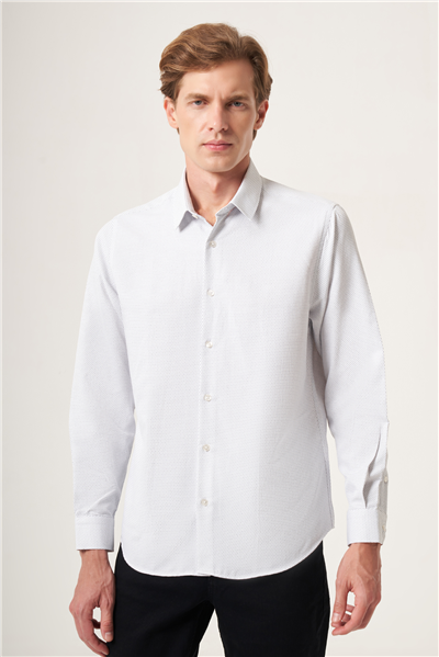 Beyaz-Siyah Sert Yaka Slim Fit Pamuklu Gömlek 1004265123