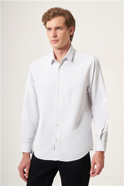 Beyaz-Siyah Sert Yaka Slim Fit Pamuklu Gömlek 1004265123