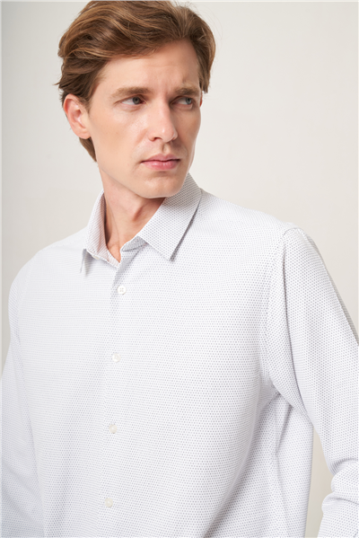 Beyaz-Siyah Sert Yaka Slim Fit Pamuklu Gömlek 1004265123