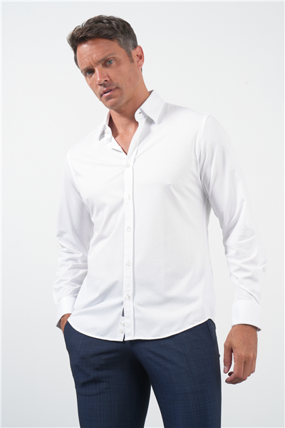 Beyaz Tulum Yaka Uzun Kol Cepsiz Örme Slim Fit Pamuklu Gömlek 1004260208