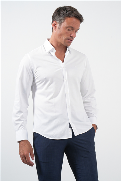 Beyaz Tulum Yaka Uzun Kol Cepsiz Örme Slim Fit Pamuklu Gömlek 1004260208