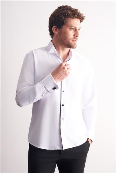 Beyaz Uzun Kol Ata Yaka Düz Pamuklu Slim Fit Gömlek 1004255215