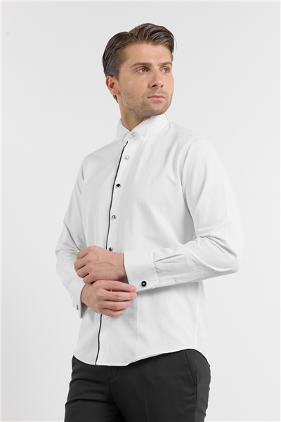 Beyaz Uzun Kol Ata Yaka Düz Pamuklu Slim Fit Gömlek 1004260215
