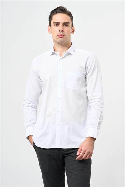 Beyaz Uzun Kol Desen Yarım İtalyan Yaka Cepli Pamuklu Classic Comfort Fit Gömlek 1004245183